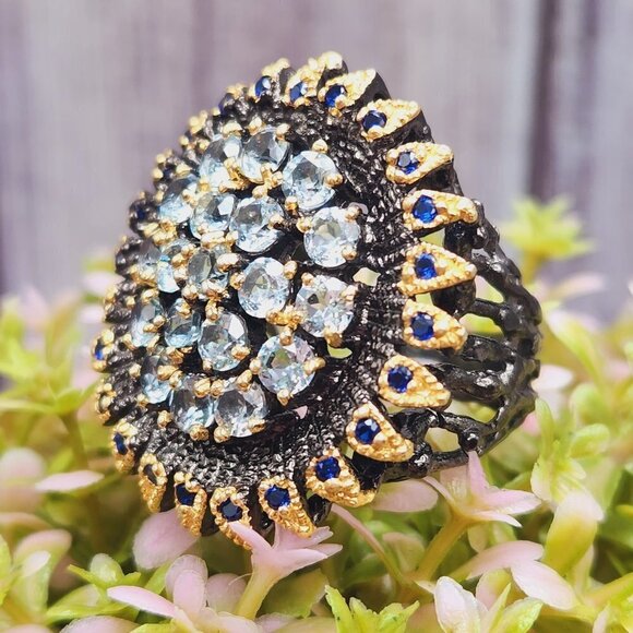 Blue Topaz Encrusted Sunflower Floral Statement 925 Silver Multi Ring Sz. 6.5 - Picture 1 of 9